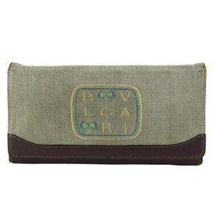 BVLGARI long wallet logo beige canvas ~ leather Auth used C4145